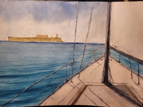 Aquarelle Voilier au large de Fort Brescou Cap d'Agde Hérault artiste peintre Occitanie David Quant