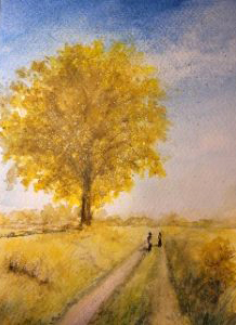 Aquarelle chemin en automne chêne jaune enfants marchant dans la nature David Quant