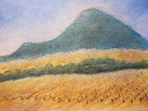 Aquarelle Pic de Vissou et vignes à l'automne, peinture David Quant Hérault Occitanie